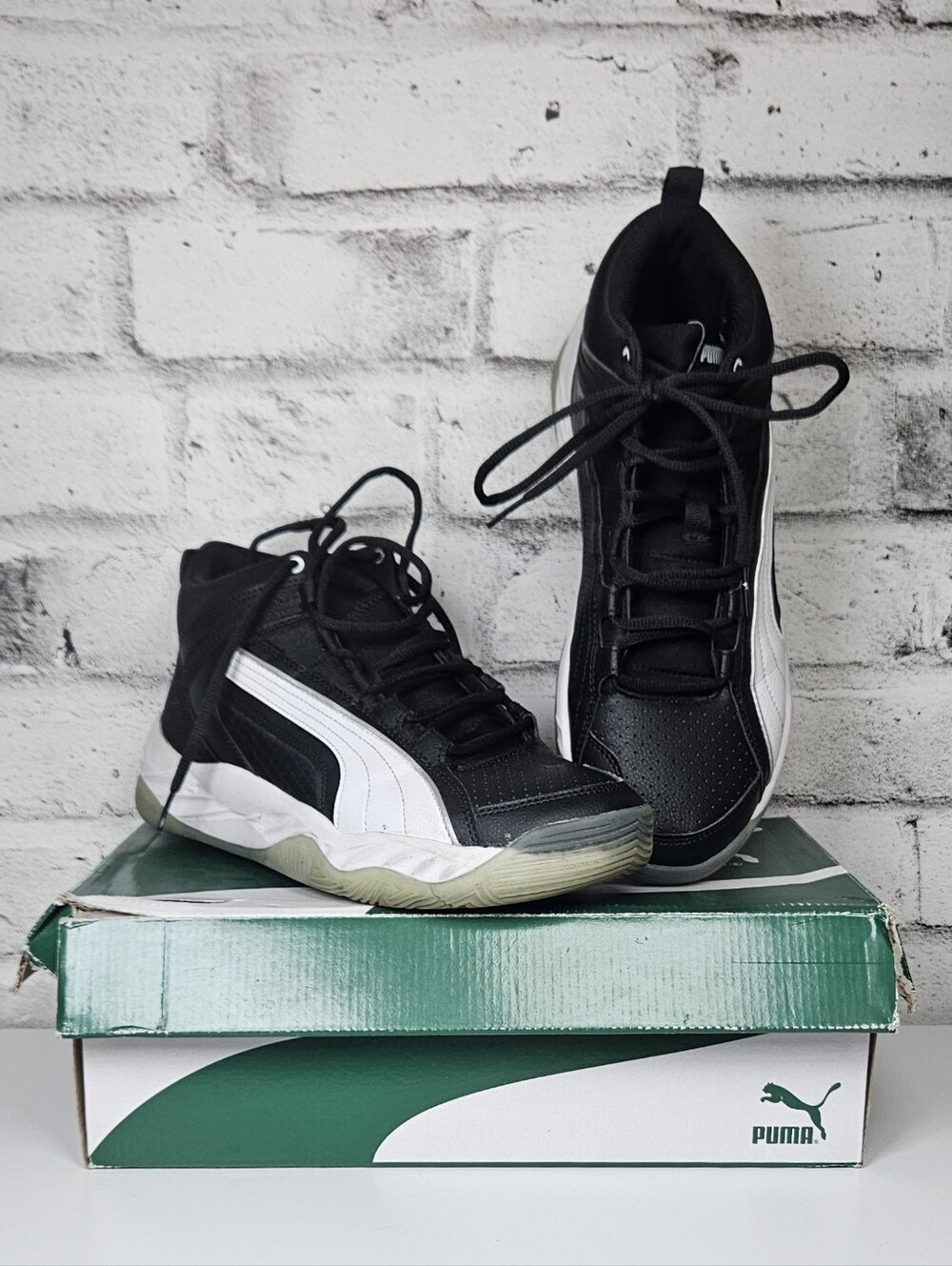 Puma Mens Size 10 Black White Rebound Basketball High Top Sneakers SoftFoam